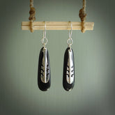 Hand carved New Zealand Jade drop Earrings by Amanda Thompson. Made by NZ Pacific and for sale online. Jade, Hand made Jewellery made in New Zealand. Free delivery worldwide. One pair only, delivered in a kete pouch.